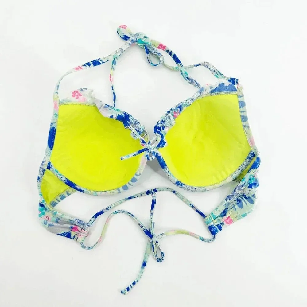 Victoria's Secret Halter Bikini Top Women Size 36C Blue Floral Underwired Ruffle